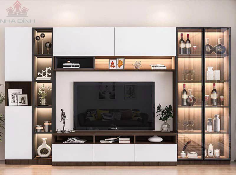 Kệ tivi gỗ kết hợp tủ trang trí giúp bạn tối ưu hóa không gian, lưu trữ đồ đạc ngăn nắp và mang lại vẻ đẹp sang trọng cho phòng khách.