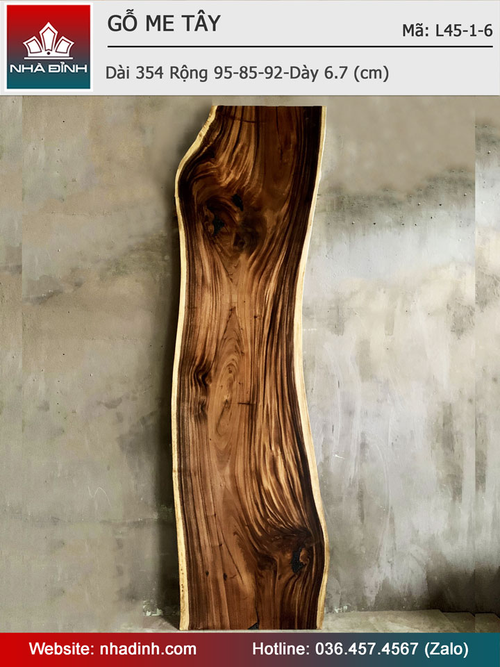 Mặt Bàn Gỗ Me Tây Nguyên Khối Dài 354 Rộng 95-85-92 Dày 6,7 (cm)