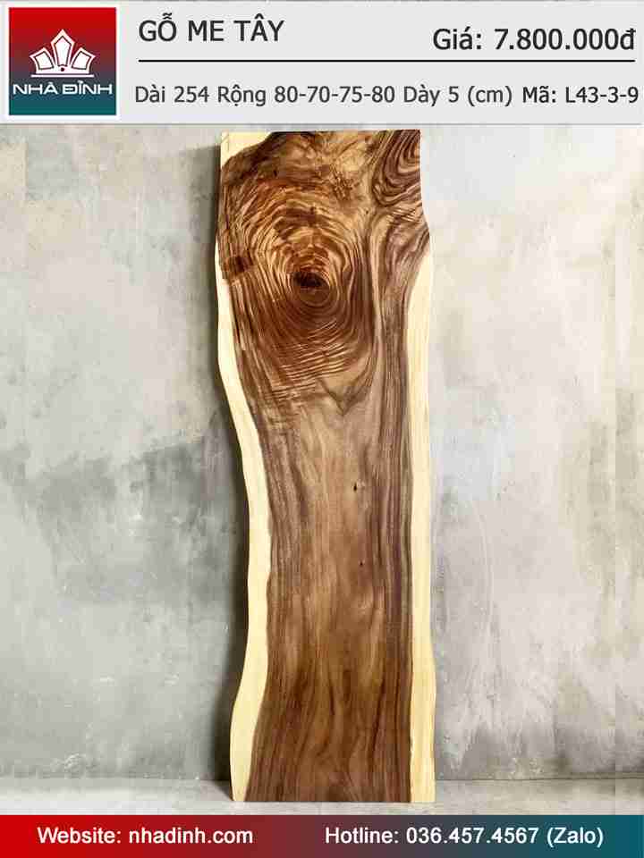 Mặt Bàn Ăn Gỗ Me Tây Nguyên Khối Dài 254 Rộng 80-70-75 Dày 5 (cm)