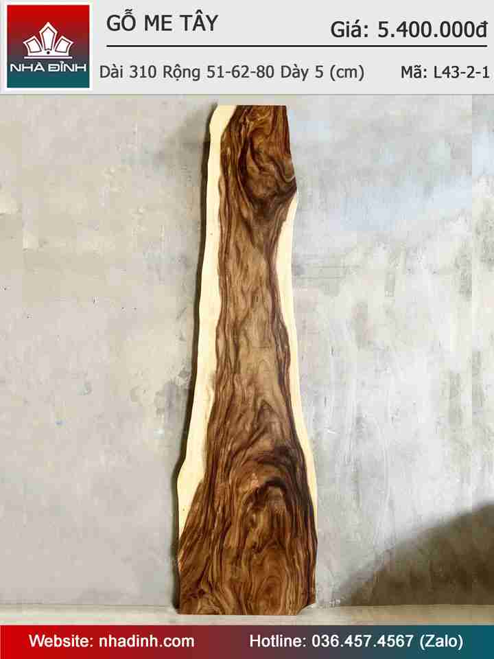 Mặt Bàn Ăn Gỗ Me Tây Nguyên Khối Dài 310 Rộng 51-62-80 Dày 5 (cm)