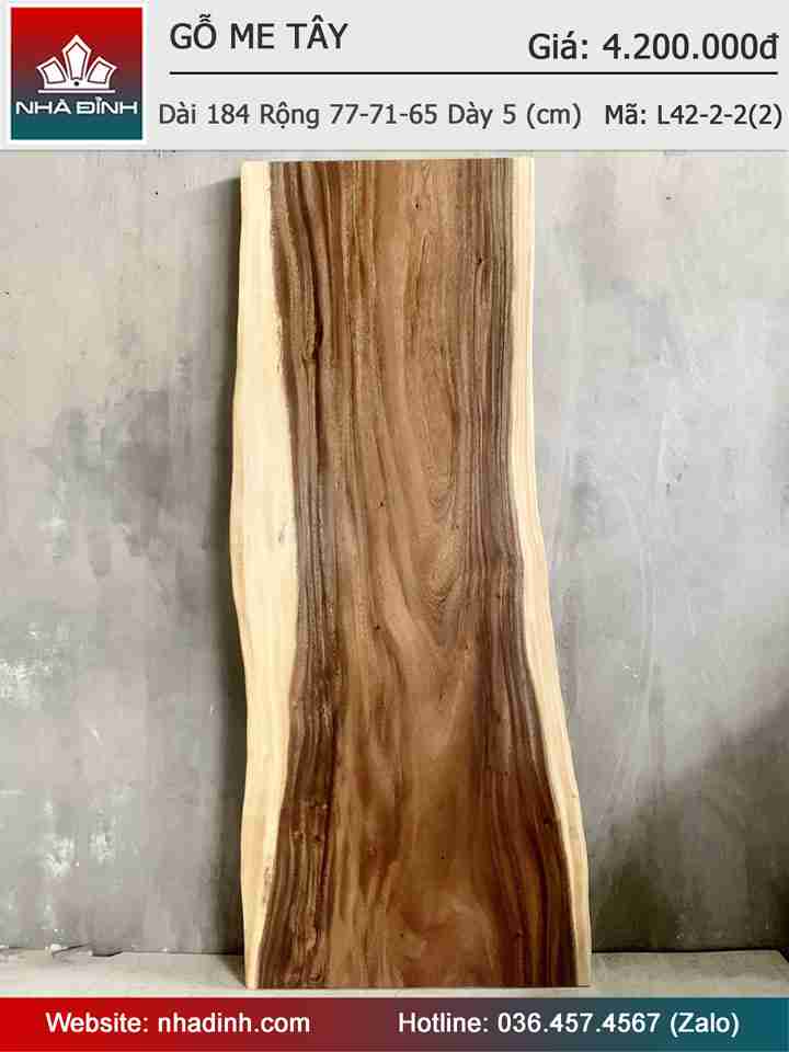 Mặt Bàn Gỗ Me Tây Nguyên Khối Dài 184 Rộng 77-71-65 Dày 5 (cm)