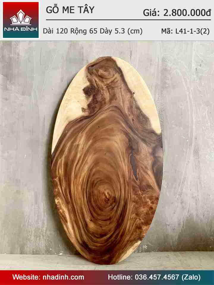 Mặt Bàn Oval Gỗ Me Tây Nguyên Khối Dài 120 Rộng 65 Dày 5,3 (cm)