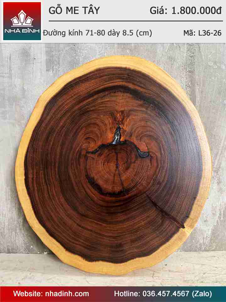 Mặt Bàn Thớt Gỗ Me Tây Nguyên Khối Đường Kính 71-80 Dày 8,5 (cm)