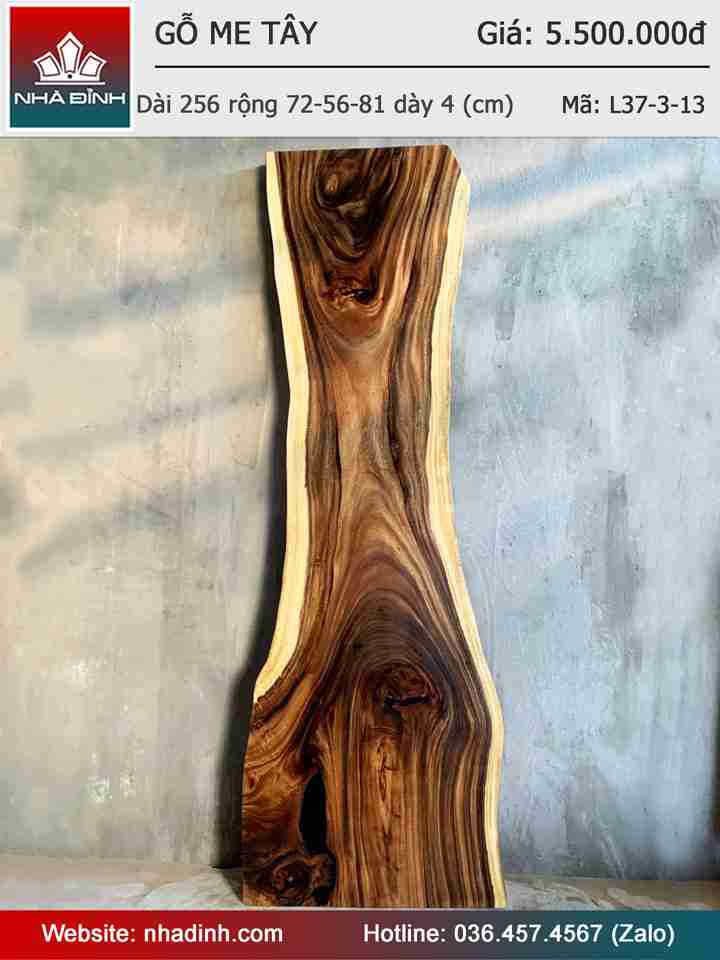 Mặt Bàn Gỗ Me Tây Nguyên Khối Dài 256 Rộng 72-56-81 Dày 4 (cm)