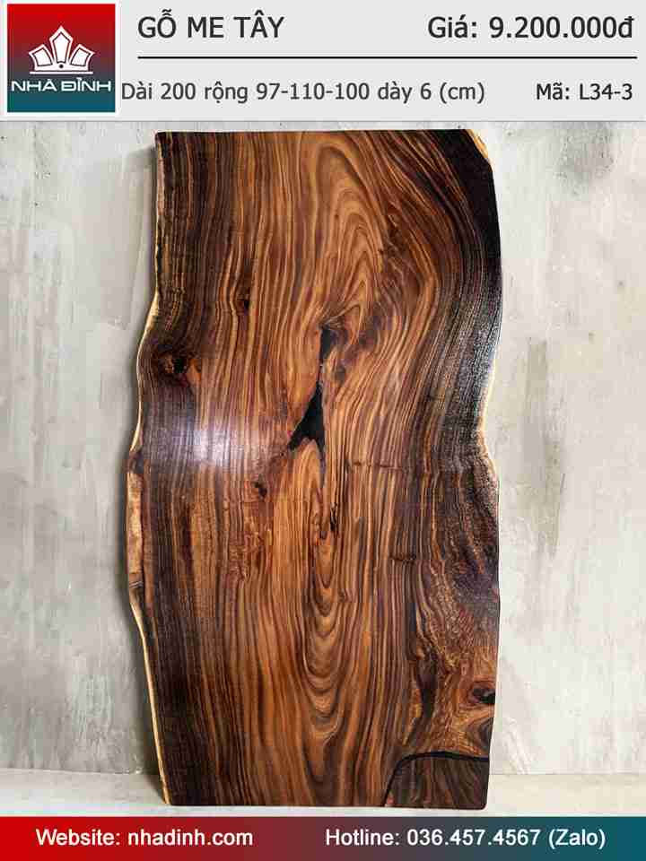 Mặt Bàn Gỗ Me Tây Nguyên Khối Dài 200 Rộng 97-110-100 Dày 6 (cm)