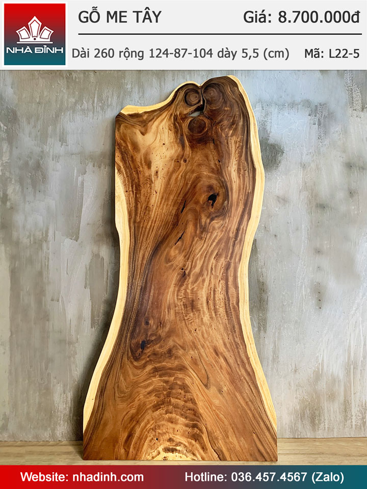 Mặt Bàn Ăn Gỗ Me Tây Nguyên Khối Dài 260 Rộng 124-87-104 Dày 5,5 (cm)