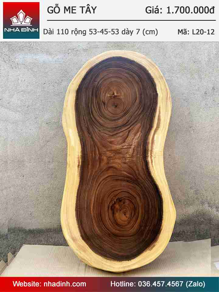 Mặt Bàn Gỗ Me Tây Nguyên Khối Dài 110 Rộng 53-45-53 Dày 7 (cm)