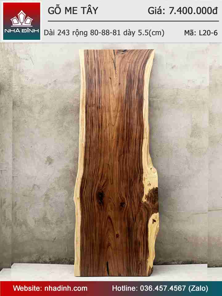 Mặt Bàn Gỗ Me Tây Nguyên Khối Dài 243 Rộng 80-88-81 Dày 5.5 (cm)