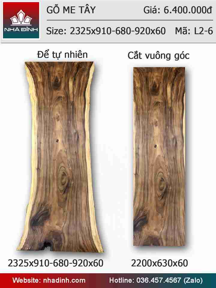 Mặt bàn gỗ Me Tây nguyên khối dài 2m32,5 rộng 91-68-92 dày 6 (cm)