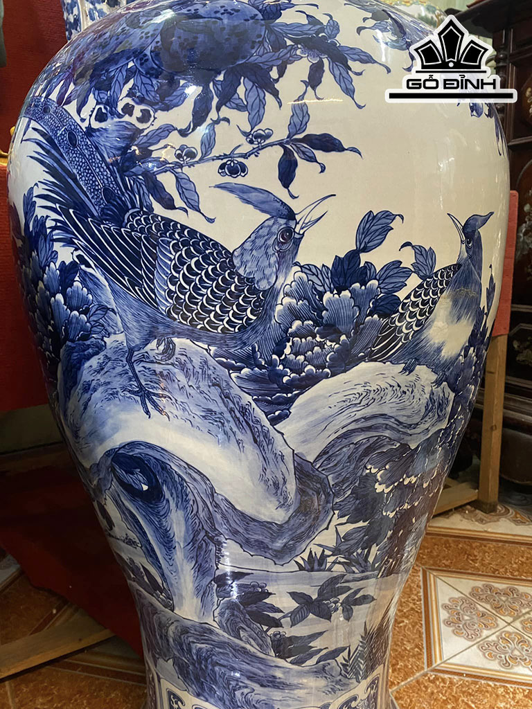 Đôi Bình Vẽ Chim Hoa Men Tràm Gốm Giang Tô Cao 127  Đường Kính Bụng 172 (cm)