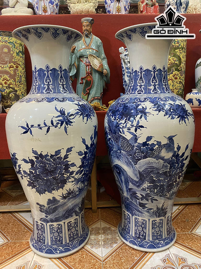 Đôi Bình Vẽ Chim Hoa Men Tràm Gốm Giang Tô Cao 127  Đường Kính Bụng 172 (cm)