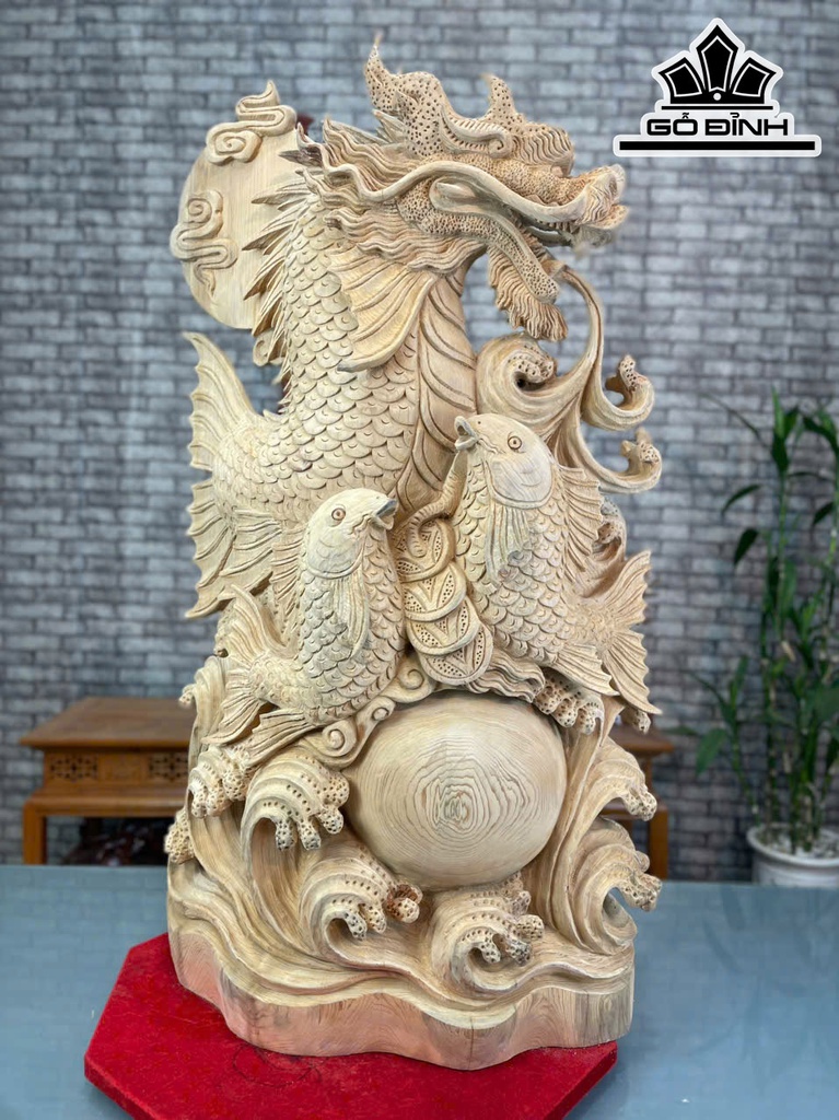 Tượng Cá Chép Hóa Rồng Gỗ Ngọc Am Cao 85 Ngang 48 Sâu 18 (cm)