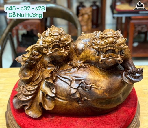 Tượng Song Nghê Gỗ Nu Hương Cao 32 Ngang 45 Sâu 28 (cm)